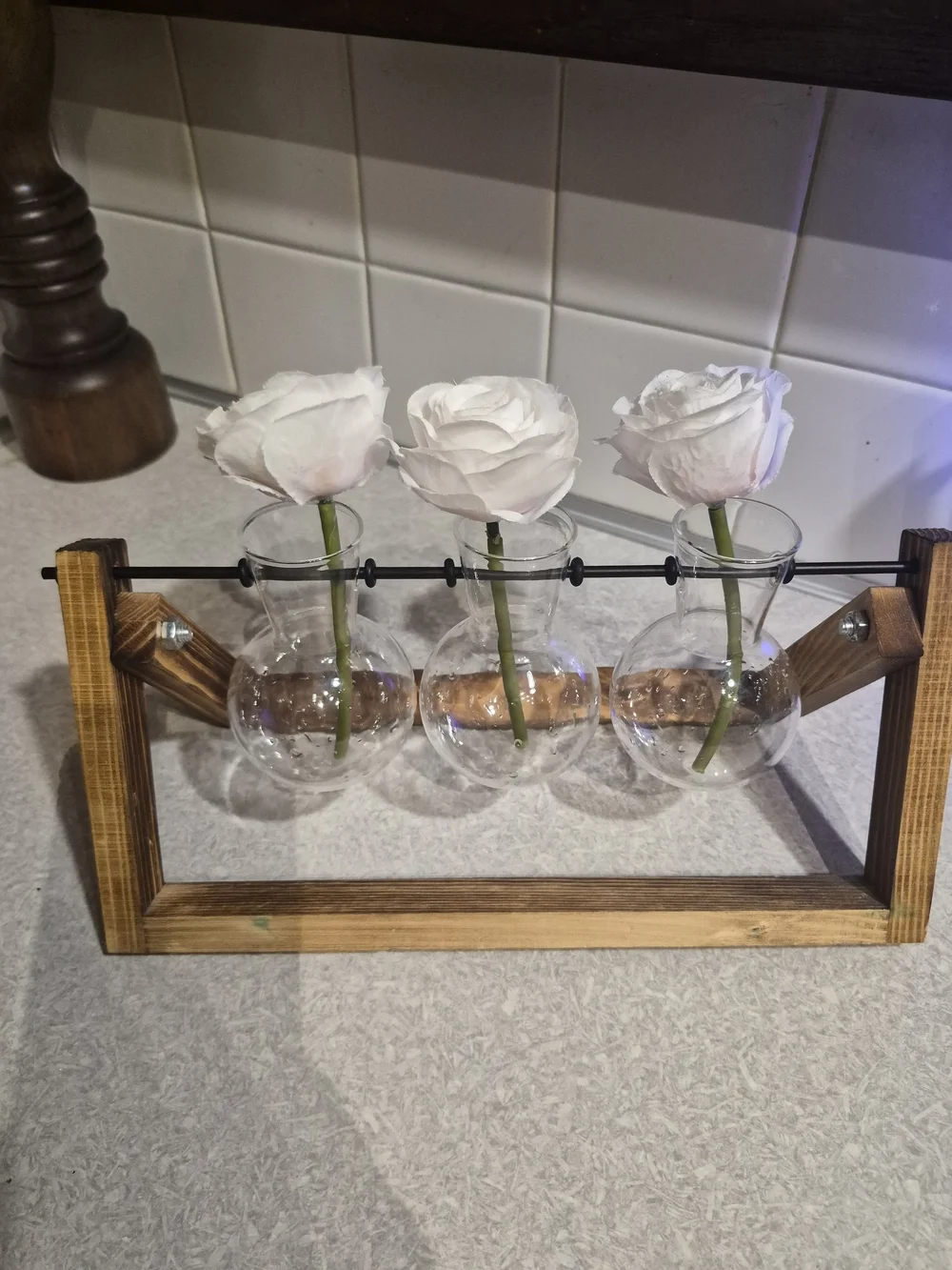 Clear Glass Triple Bud Vase with Pale Pink Faux Roses